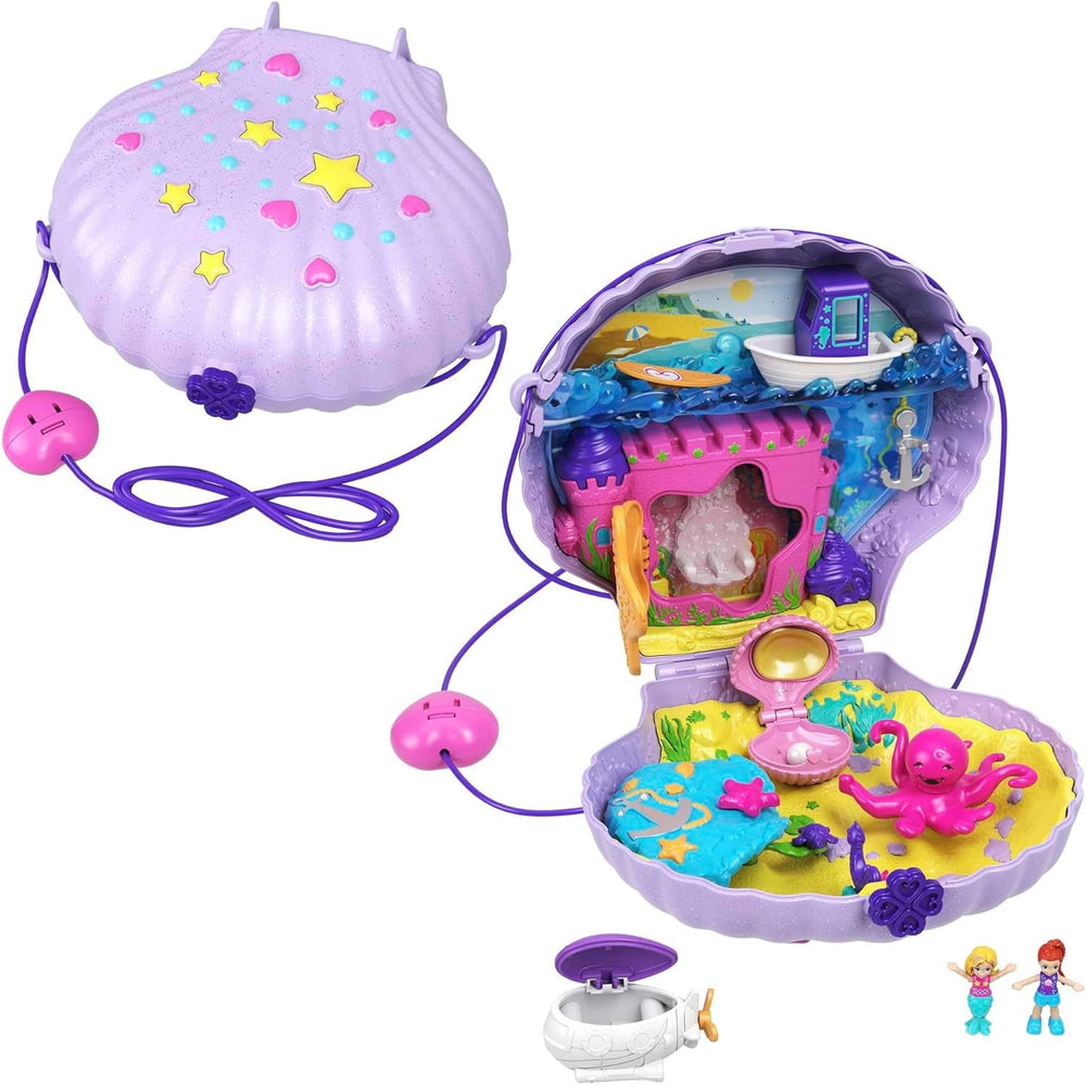 Polly Pocket-Sarg, Unterwasser-Thema, Wickeltasche aus Muscheln, 2 Puppen, 1 U-Boot-Polly-Pocket-Meerjungfrau-Spielzeug, Alter 4 GNH11, Naty Shop-Puppen, Lila