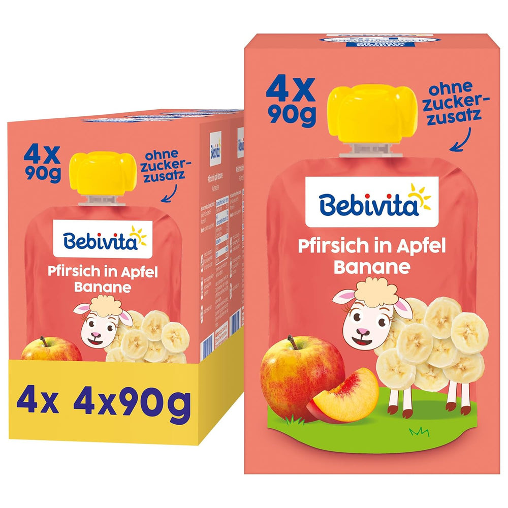 Quetschbare Pfirsich-, Apfel- und Bananenbeutel – 16 (4er-Packung, je 4 x 90 g), ohne Zuckerzusatz, glutenfrei, ideal für Snacks zum Mitnehmen und zum Selbstverzehr