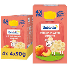 Quetschbare Pfirsich-, Apfel- und Bananenbeutel – 16 (4er-Packung, je 4 x 90 g), ohne Zuckerzusatz, glutenfrei, ideal für Snacks zum Mitnehmen und zum Selbstverzehr