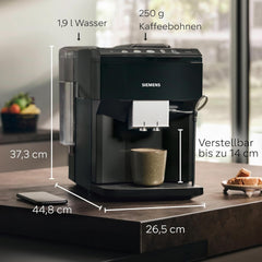 Espressor automat Siemens EQ500 classic, ecran TFT color, 5 tipuri de cafea și lapte, funcție dublă de preparare a ceștilor, curățare ușoară, unitate de preparare detașabilă, cu furtun de lapte, negru, TP511E19