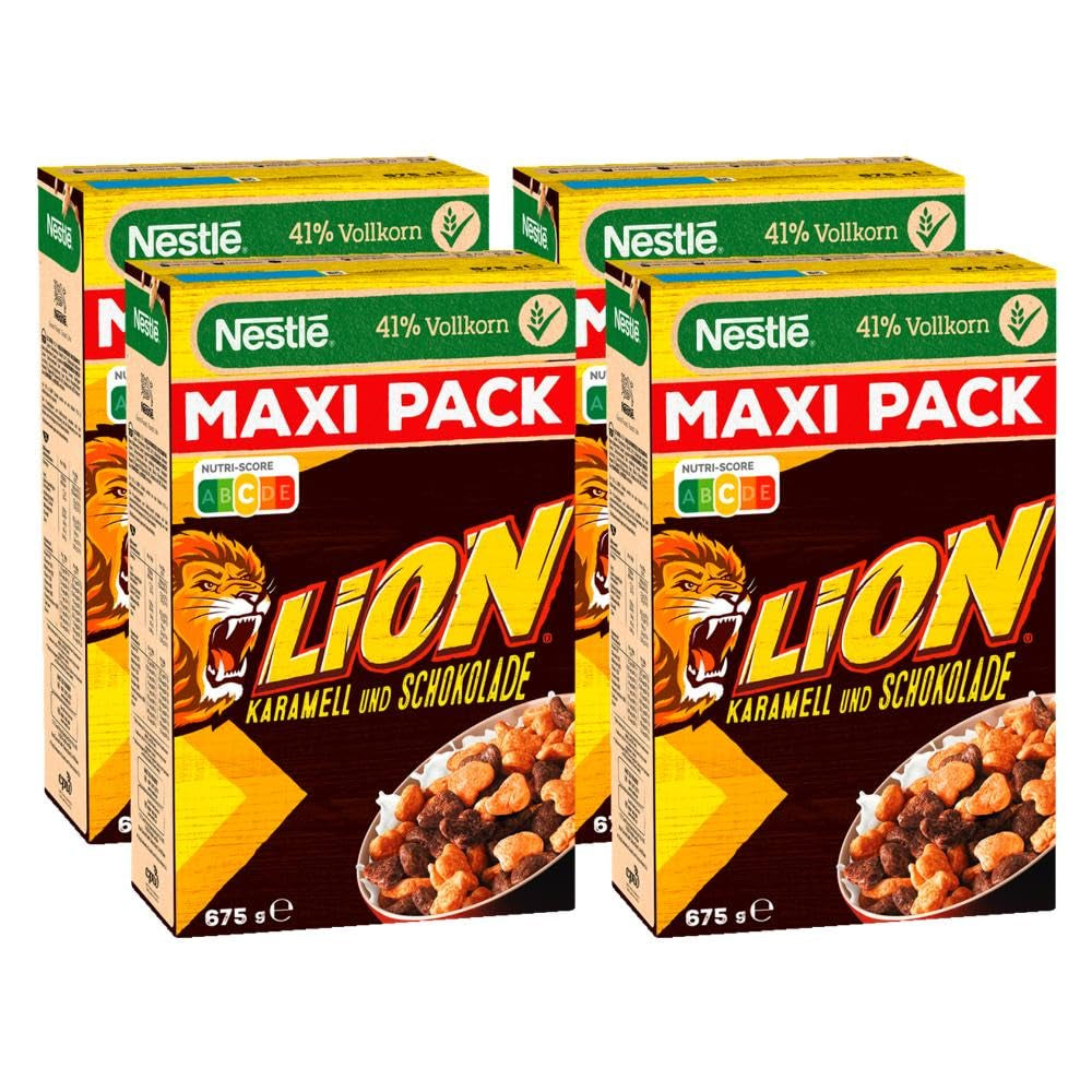 Nestlé Lion Cereal, Cornflakes mit Schokoladen-Karamell-Geschmack, 41 % lebenswichtige Vollkornprodukte, Vitamine und Mineralien, knusprige Flocken, Maxi-Vorteilspackung, 4er-Pack (4 x 675 g)