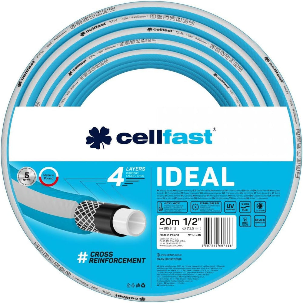 Furtun de grădină Cellfast IDEAL, Durabil, Flexibil, 4 straturi, Împletitură încrucișată durabilă, Rezistent la UV și alge, Tehnologie REACH, 27 bar, -20/+60° pe termen scurt 1/2", 20m