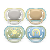 Suzete Philips AVENT ultra air - pachet de 4 suzete fără BPA, respirabile, pentru bebeluși între 0 și 6 luni, inclusiv cutie de transport și sterilizare, culoare soare/curcubeu (model SCF085/65)