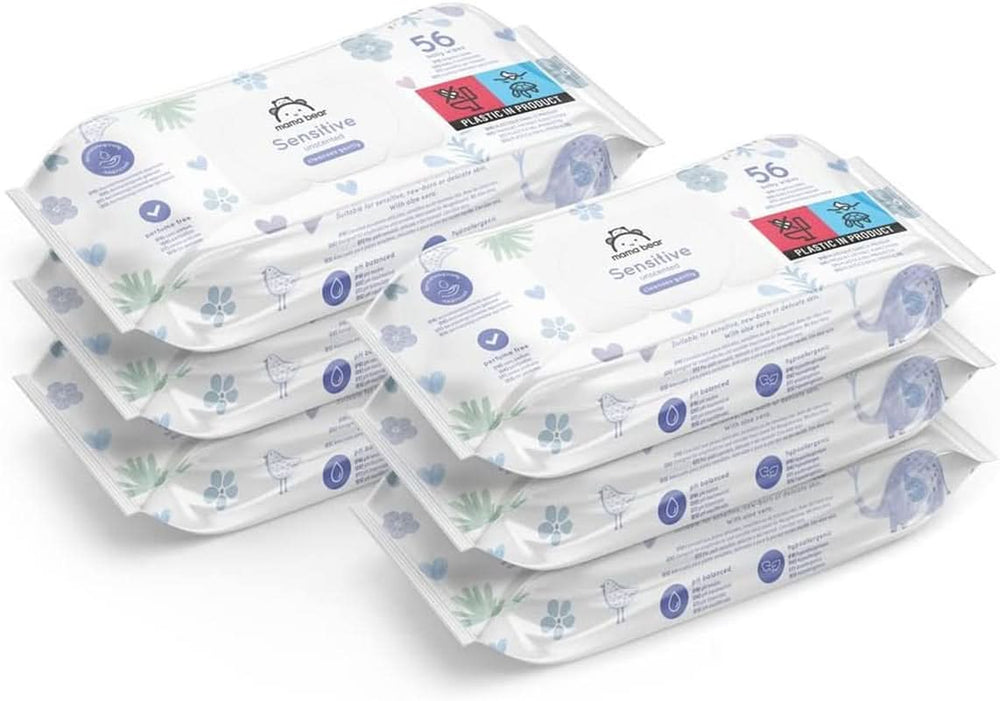 Naty Shop Mama Bear Sensitive Baby-Feuchttücher, parfümfrei, 56 Stück (6er-Pack)