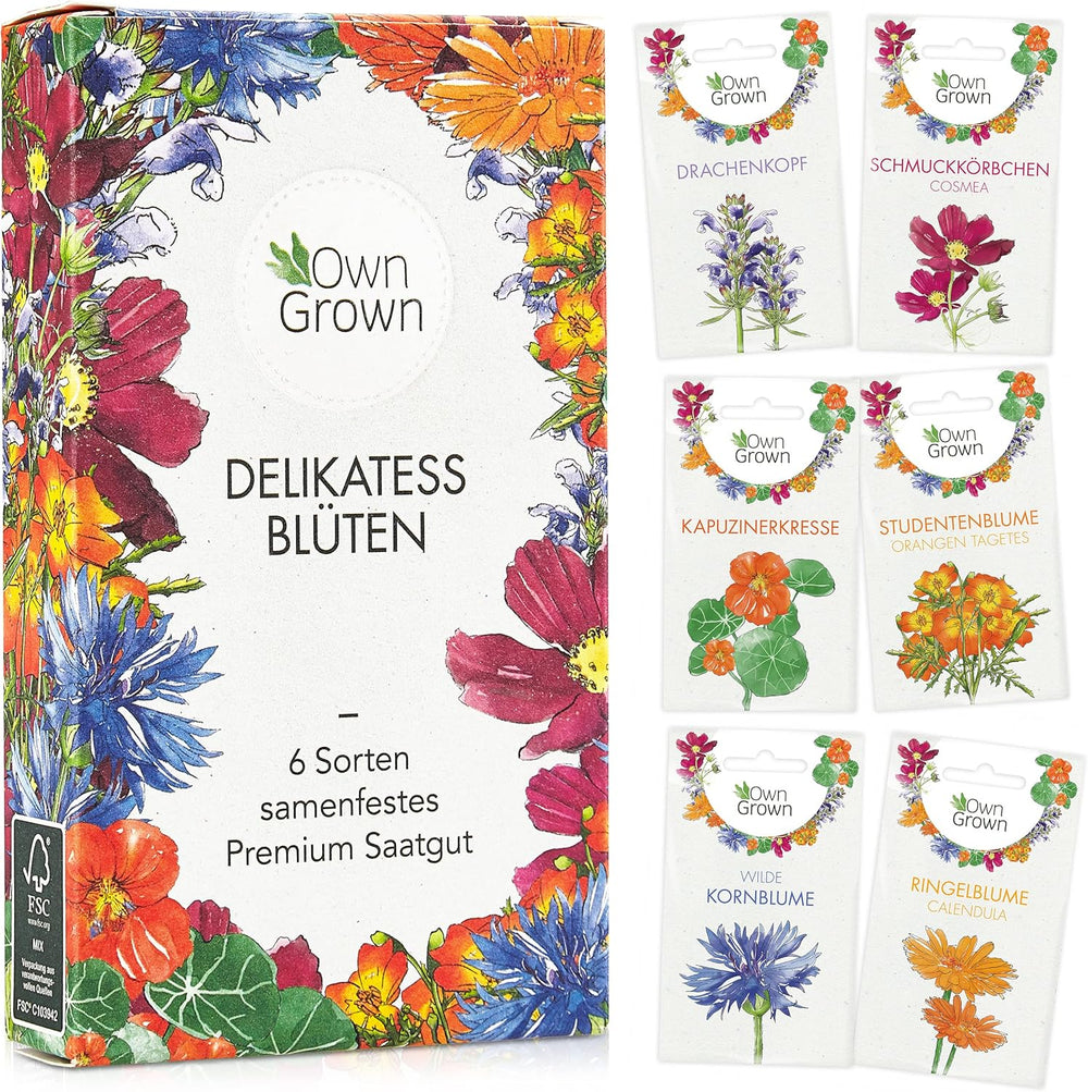 Essbare Blumen Samen Set : Delikatess Blumen Blumensamen Set mit 6 Sorten Blumen Saatgut – Essbare Blumen Samen – Essbare Blumen für Torte – Essbare Blüten Tortendeko – Blumen Essbar von OwnGrown