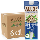 Allos Bio Ohne Muhhh 3,5% | Milchalternative | Getränk auf Pflanzenbasis | vegan | schäumbar | perfekt für laktosefreien Kaffee | Quellen für Kalzium und Vitamine | Reich an Protein | 1 Liter (6 Stück)
