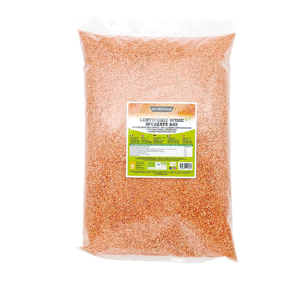 Linte roșie organică, crăpată, 5 kg, leguminoase organice decojite și crăpate, nu necesită înmuiere, sursă de proteine și fibre, pachet economic