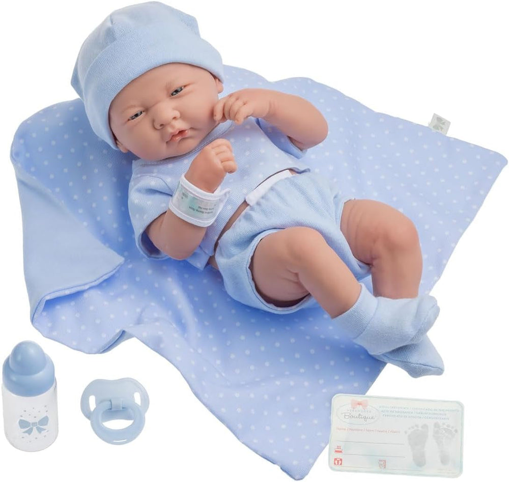 jc toys 102-18540 – Kinderpuppe, Körper aus Gummi, Blaue Kleidung mit Punkten, 36 cm