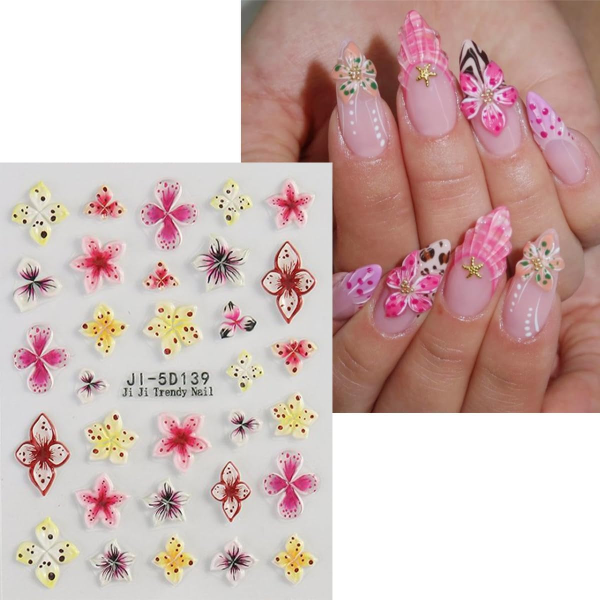 JMEOWIO 3D Nagelsticker Colorful Flower Nail Art Sticker Selbstklebend Nagelaufkleber 5D Stereoskopisch Spring Summer Floral Dekoration Nageldesign Zubehör 4 Blatt