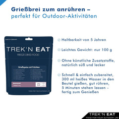 Trek'n Eat Fruity Semolina Pudding – Cremiges, fruchtiges Grießdessert für Outdoor-Aktivitäten, Wandern und Notfallbedarf | Fertiger Grießpudding mit Wasser, lange haltbar, ohne Zusatzstoffe