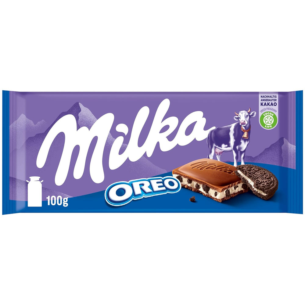 Milka Oreo – Alpenmilchschokolade gefüllt mit knusprigen Oreo-Keksstückchen und zarter Vanillecreme – 100g