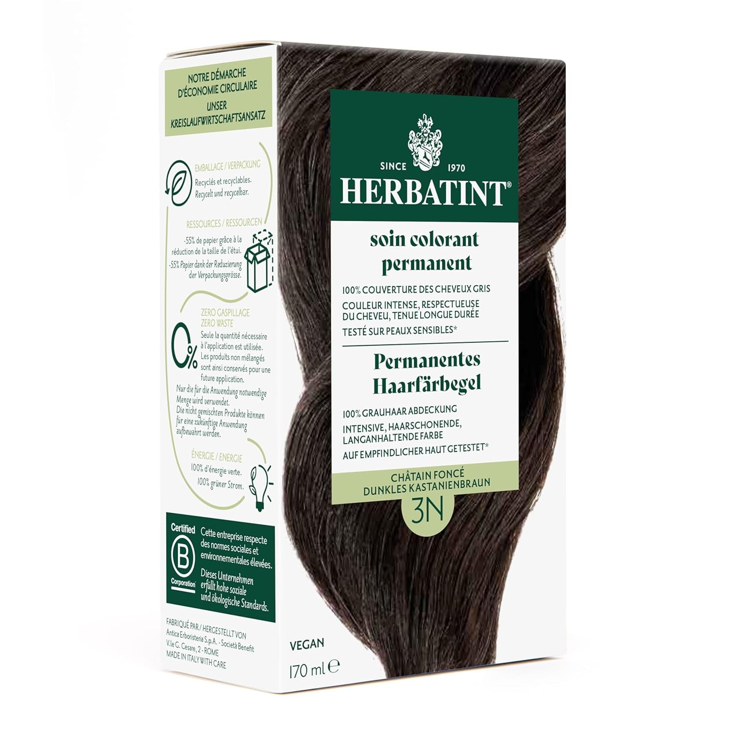 Gel pentru vopsirea permanentă a părului 6N blond închis - 170 ml I Fără amoniac, acoperire 100% a părului gri I Testat pe piele sensibilă, cu 8 extracte de plante Vopsea pentru par Naty Shop 3N Castaniu închis