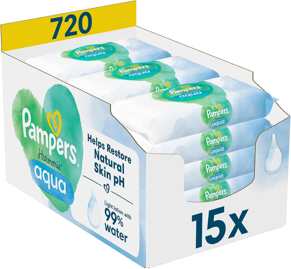 Pampers Harmony Aqua Feuchttücher, 15 Packungen mit je 48 Tüchern – insgesamt 720 Tücher, helfen dabei, den natürlichen pH-Wert der Haut wiederherzustellen, leichte Lotion 99 % Wasser