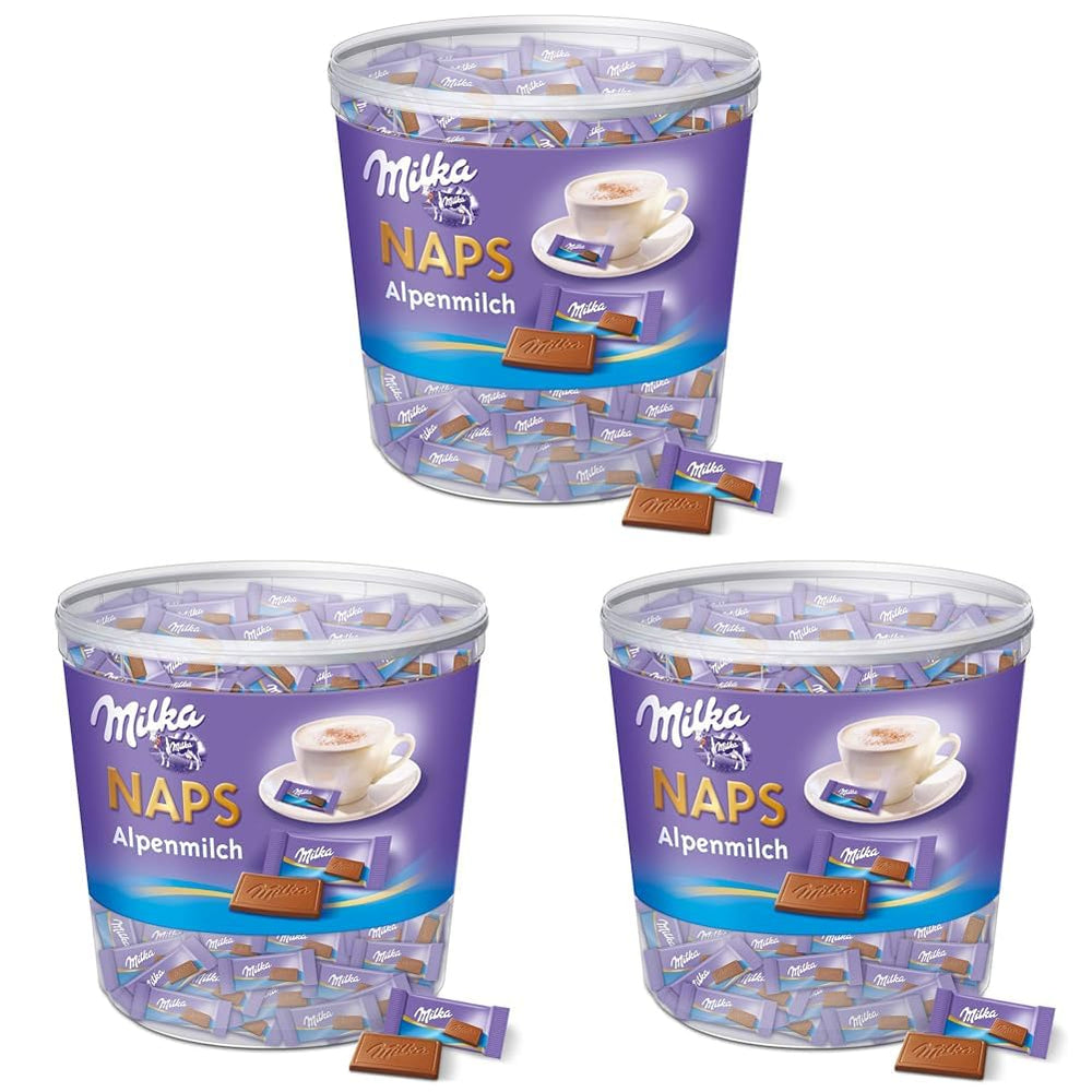 Naps Alpenmilch 1 x 1 kg, zartschmelzende Mini-Schokoladenquadrate aus feiner Alpenmilch-Schokolade, Box (3er-Pack)