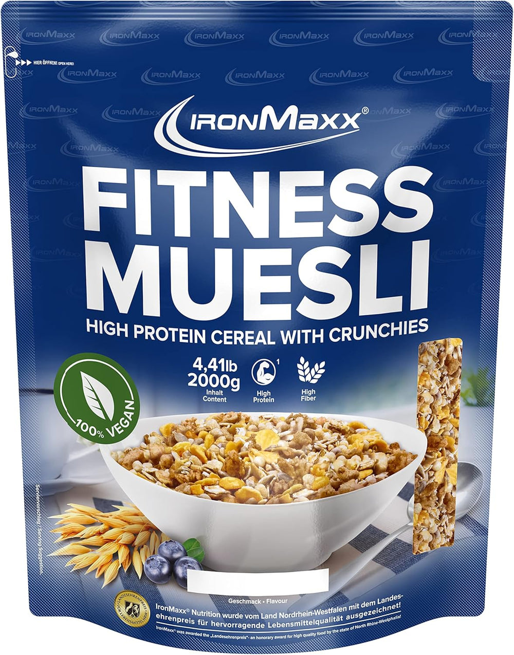 IronMaxx Fitness Müsli - Cookies & Cream, 2 kg Beutel | Proteinreiches veganes Müsli mit knusprigem Inhalt | Wenig Zucker und viel Ballaststoffe