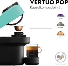 Espressor cu capsule Nespresso Krups Vertuo Pop, capacitate: 560 ml, recunoaștere automată a capsulelor, sistem one-touch, 4 dimensiuni de cești, timp de încălzire scurtat, sustenabil, Aqua Mint, XN9204