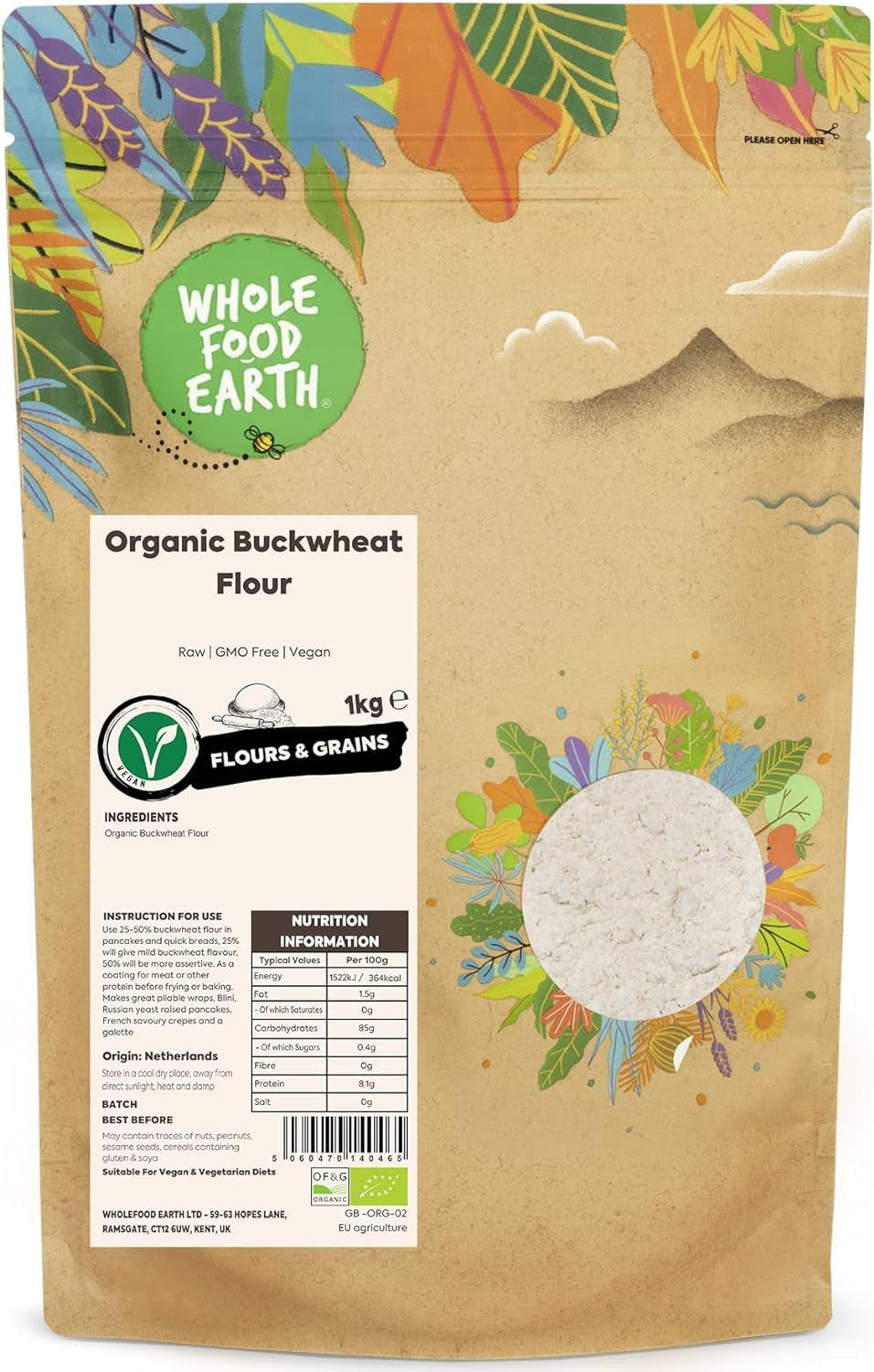 Wholefood Earth Bio-Buchweizenmehl 1kg | Grausam | GVO-frei | Vegan | Bio-zertifiziert