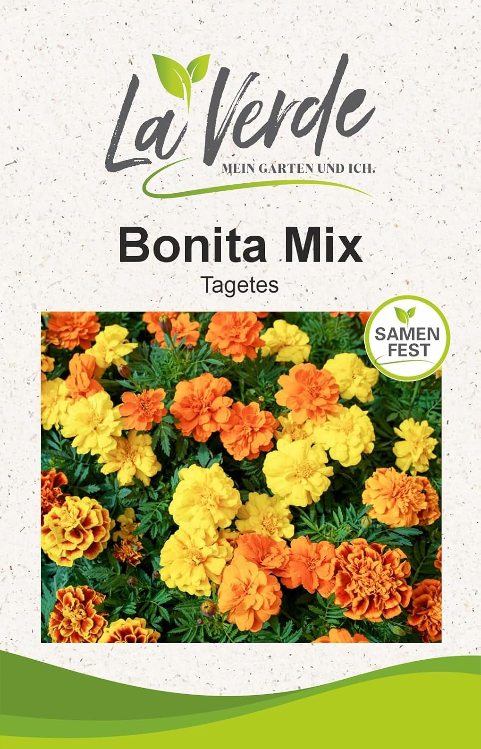 La Verde MEIN GARTEN UND ICH. Tagetes Bonita Blumensamen mischen für ca. 100 Pflanzen, langblühende Ringelblumen, gefüllte Blüten, gentechnikfreie Samen