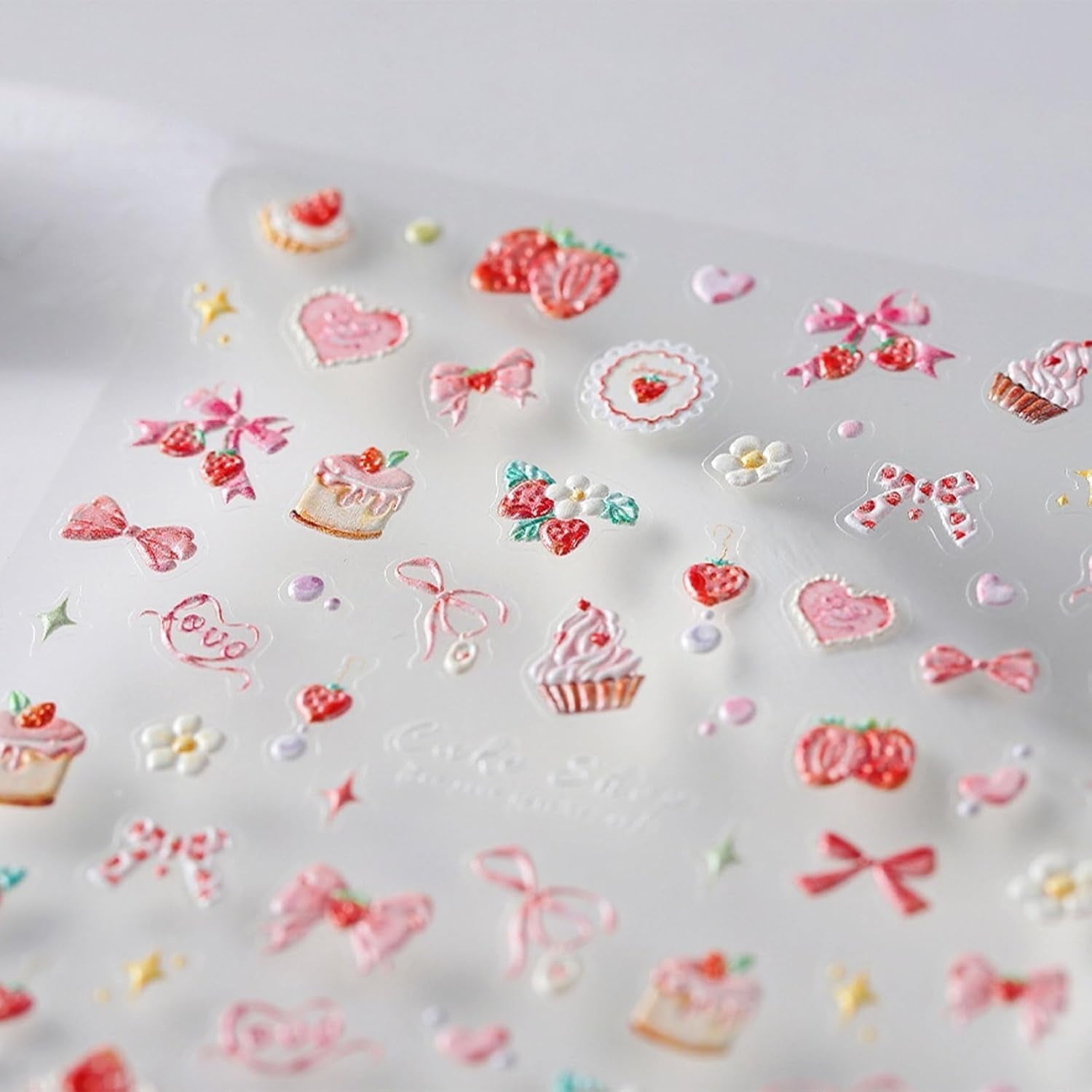 JMEOWIO 3D Nagelsticker Rosa Nail Art Sticker Selbstklebend Nagelaufkleber 5D Stereoskopisch Kuchen Erdbeerschleife Dekoration Nageldesign Zubehör 1 Blatt