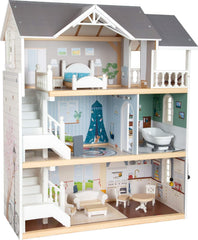Casă de păpuși Small Foot Vilă de oraș din lemn, cu 3 etaje, față deschisă și 12 mobilier, pentru copii de la 3 ani, 11802, alb gri Casute de papusi Naty Shop Vilă de oraș