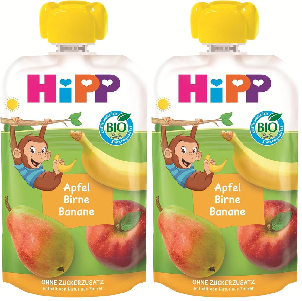 HiPP Bio-Fruchtbeutel, quetschbar, Apfel, Birne, Banane – Anton Maimuta (8 x 100 g), ab 1 Jahr, 100 % Fruchtpüree, ohne Zuckerzusatz, vegan, beste Bio-Qualität (2er-Pack)