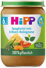 HiPP Bio Spaghetti Bolognese mit Erbsen (6 x 190g), Babymahlzeit ab 5/6 Monaten, 100 % pflanzlich, ohne Salzzusatz, beste Bio-Qualität