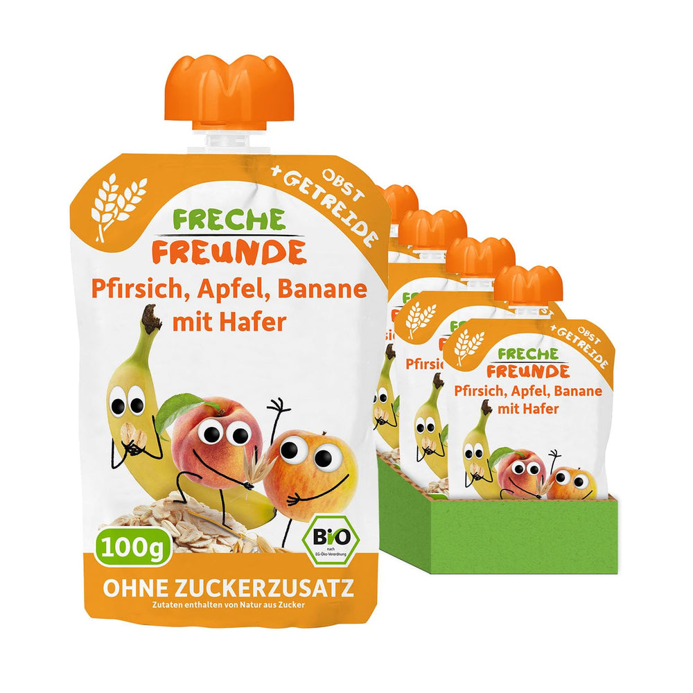 FRECHE FREUNDE Pfirsich-Apfel-Bananen-Hafer Bio-Fruchtpüree mit Müsli im Quetschbeutel für Babys ab 6 Monaten, vegan, 6er-Pack (6 x 100 g)