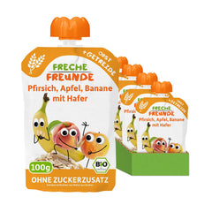 FRECHE FREUNDE Pfirsich-Apfel-Bananen-Hafer Bio-Fruchtpüree mit Müsli im Quetschbeutel für Babys ab 6 Monaten, vegan, 6er-Pack (6 x 100 g)