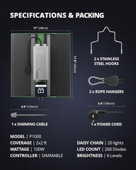 VIPARSPECTRA P1000 LED-Wachstumslicht, Vollspektrum, 2024, LED-Wachstumslicht, 0 %–100 % dimmbar, für Gewächshäuser, Zimmerpflanzen, Setzlinge, Gemüse, Blumen, Wachstumszelte, 60 x 60 cm und 80 x 80 cm