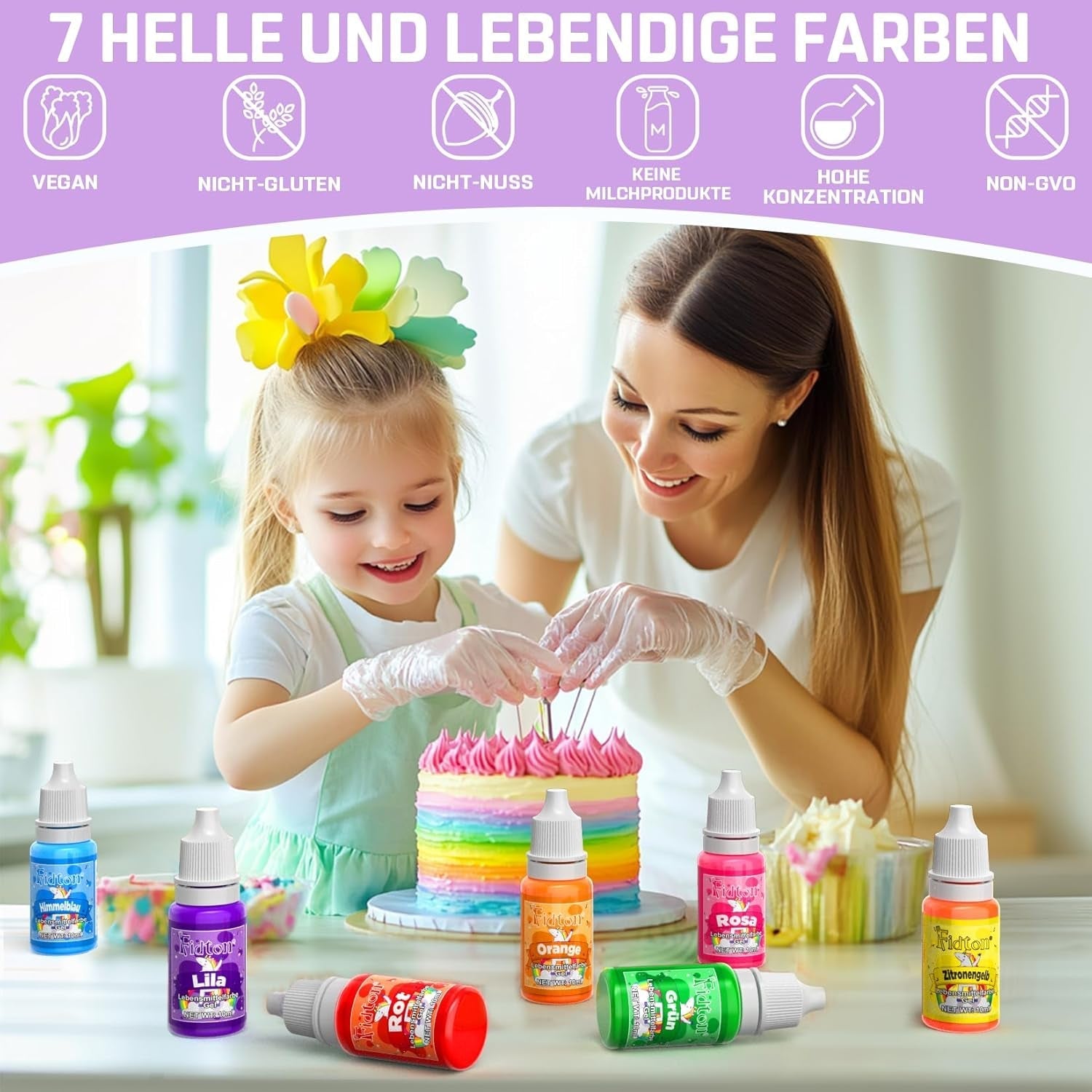Colorant alimentar gel - Fidton 7 culori colorant alimentar foarte concentrat, decorațiuni comestibile pentru tort pentru fondant, colorant alimentar pentru colorarea ouălor, gogoșilor, macaroanelor - 10 ml
