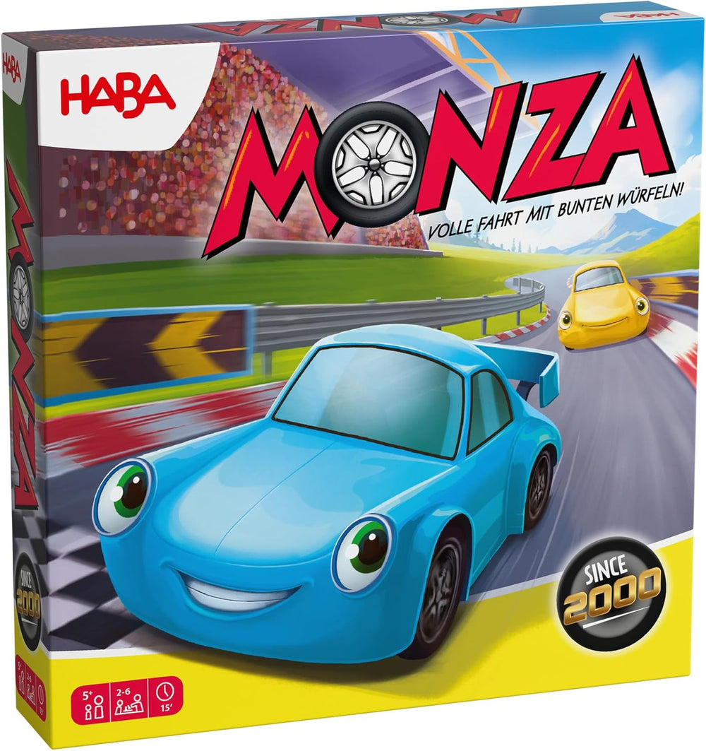 HABA Monza – Joc de societate rapid și joc de curse cu mașini pentru copii de la 5 ani în sus – Cu 6 mașini colorate din lemn și zaruri colorate – 2012226001