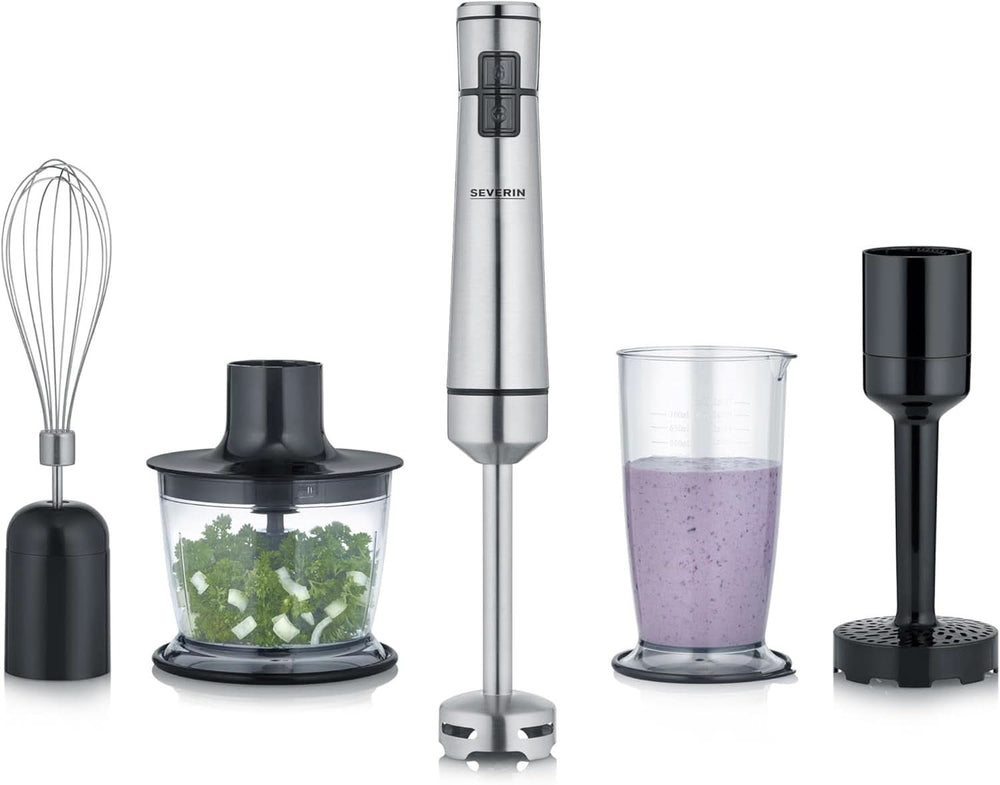 SEVERIN Kabelloser Stabmixer Mit Premium-Set, Abnehmbarer Mixstab, Mit Pürierstab, Multizerkleinerer, Mixbehälter, Kartoffelstampfer & Schneebesen, Schwarz/Edelstahl-Gebürstet, SM 3775 Mama si Copilul Naty Shop Kabellos Inkl. Premium-Zubehör