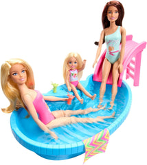 Barbie-Puppe und Zubehör – Pool mit Rutsche und Zubehör für stundenlangen Spaß in der Sonne, rosa Badeanzug mit tropischem Design, für Kinder ab 3 Jahren, HRJ74 Naty Shop Dollhouses