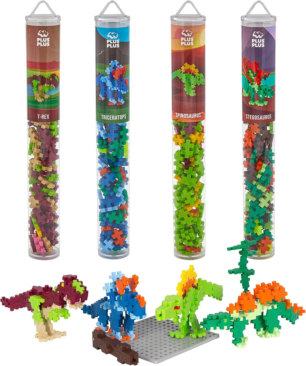 Plus-Plus 7266 Geniales Konstruktionsspielzeug, Dinosaurier-Mix, Bundle aus 4 verschiedenen Kreativ-Bausteinen Tubes inkl. Bauplatte, 400 Teile, Mischfarben