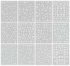 JMEOWIO Nagelsticker Frühlings Weiß Blume 12 Blatt Nail Art Sticker Selbstklebend Nagelaufkleber Sommer Schmetterling Blumen Blatt Dekoration Nageldesign Zubehör
