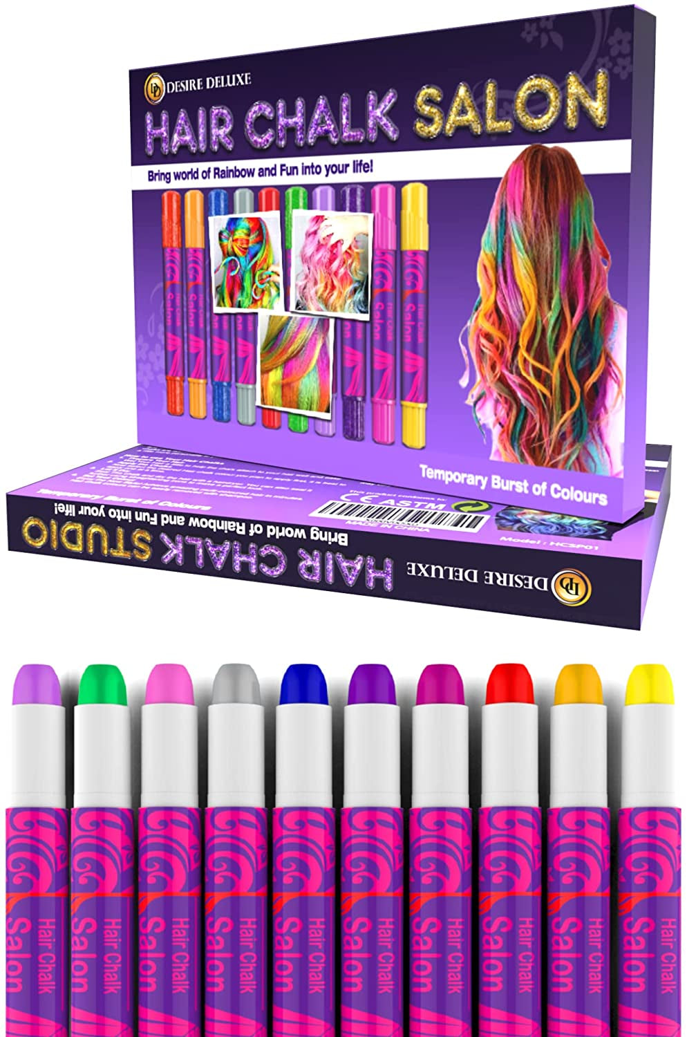 Desire Deluxe Hair Chalk cadouri pentru fete, cretă de păr pentru colorarea părului jucării pentru Crăciun, 10 pixuri lavabile pentru vopsirea părului, pentru carnaval, pentru copii în vârstă de 3 4 5 6 7 8 9 11 ani Vopsea pentru par Naty Shop