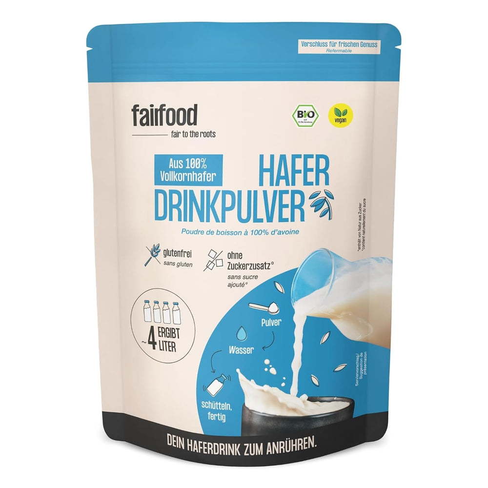 fairfood Bio Haferdrink Pulver 360g - nachhaltige Milchalternative - vegan, glutenfrei und ohne Öl - bis zu 4L Haferdrink - zum Selbermischen - 100% Bio-Vollkornhafer