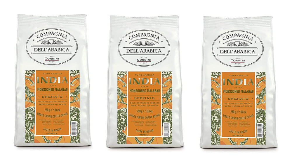 Caffè Corsini - Kaffeebohnen 3x250g Compagnia Dell'Arabica Indien Mousson Malabar, Einzelner Ursprung, Würzig, 750g Gesamt