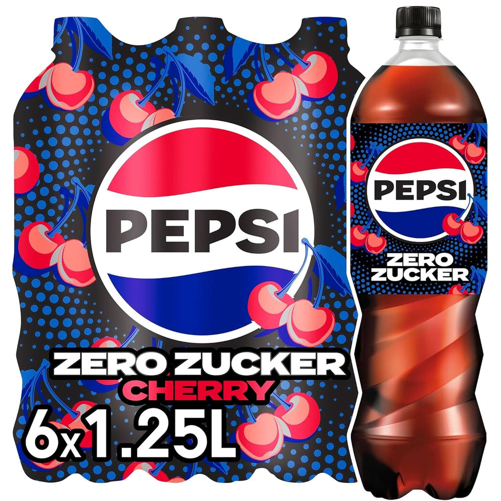 Pepsi Zero Sugar Cherry Zuckerfreies Erfrischungsgetränk mit Kirschgeschmack, koffeinhaltige Cola in einer Flasche, Set 6 x 1,25 Liter, Naty Shop, neue Version