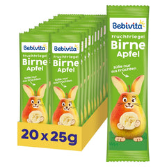 Birne-Apfel-Fruchtriegel (20 x 25 g), nur mit Früchten gesüßt, perfekter Snack für zwischendurch, zubereitet aus streng kontrollierten und ausgewählten Zutaten.