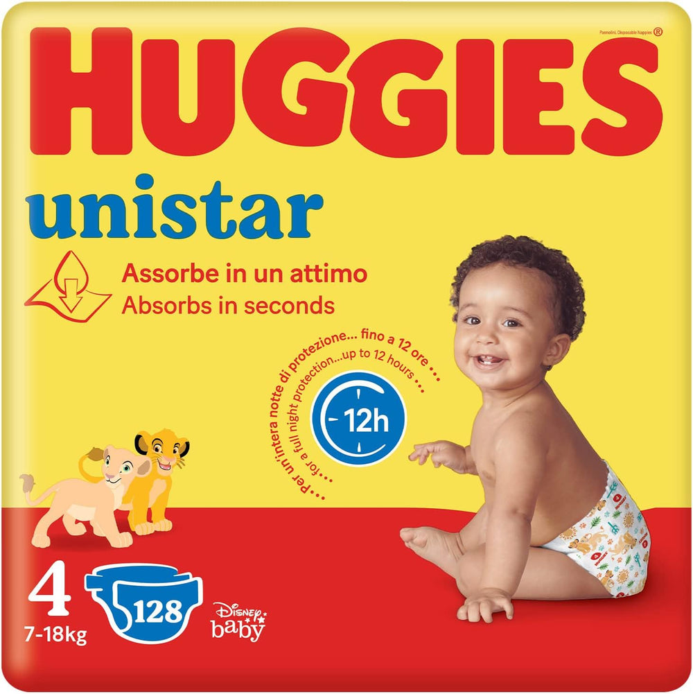 Huggies Unistar Windeln, Größe 4 (7-14 kg), Packung mit 128 Windeln (Basic)