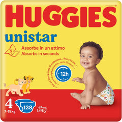 Huggies Unistar Windeln, Größe 4 (7-14 kg), Packung mit 128 Windeln (Basic)