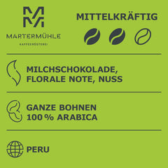 Martermühle Peru Bio Kaffeebohnen 1kg mittelkräftig I Arabica I Aromen: Milchschokolade, Florale Note, Nuss I Ganze Bio Kaffee-Bohnen schonend geröstet, säurearm