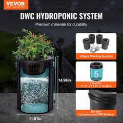 VEVOR DWC Hydrokultur-Anbausystem, Tropftopf-Set, Hydrokultur-Anbausysteme, Tiefwasseranbau, 4 20-Liter-Eimer mit Luftpumpe, Luftsteinen und Wasserstandsanzeige für grünes Blattgemüse