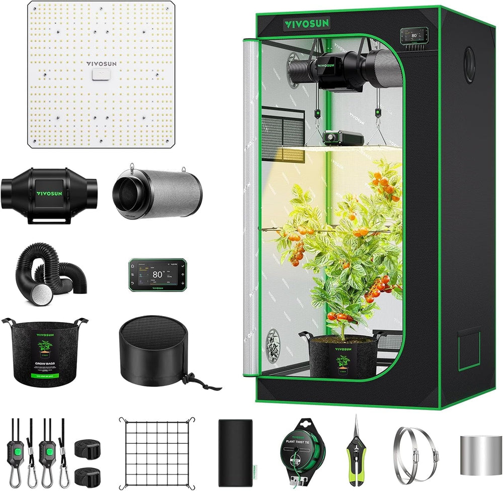 Sistem inteligent de cort de creștere VIVOSUN GIY 80x80x160cm, kit de cort de creștere cu WiFi integrat, cu ventilație și circulație automată, lampă de creștere LED cu spectru complet de 150W și controler GrowHub E42A