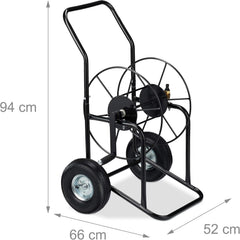 Cărucior furtun Relaxdays, rolă furtun mobilă, racord 1/2" și 3/4", furtun până la 80 m, 2 roți, metal, negru