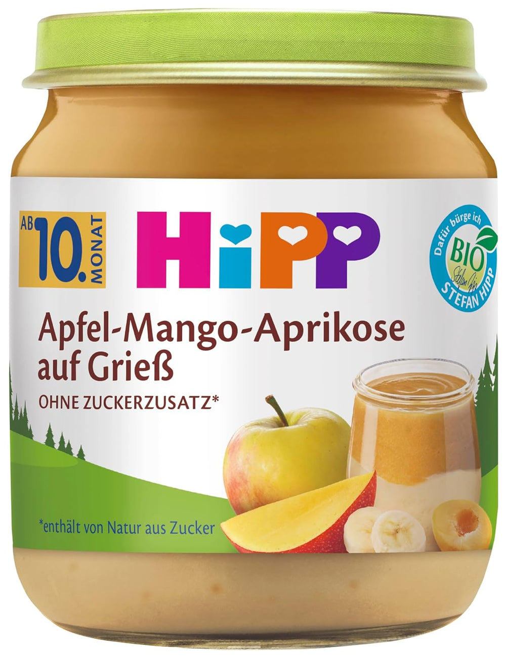 HiPP Bio Apfel-Mango-Aprikose auf Grieß (6 x 200g), ab 10 Monaten, ohne Zuckerzusatz, in bester Bio-Qualität