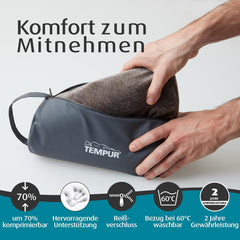 Pernă de călătorie TEMPUR cu spumă cu memorie, pernă ergonomică pentru gât, inclusiv geantă de transport, antracit, dimensiuni 25 x 31 x 10/7 cm