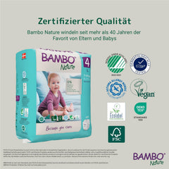 Bambo Nature Windeln für Babys, Größe 4 (7-14 kg), 144 Stück, Monatsbox | Premium-Windeln mit verbessertem Auslaufschutz | Ultimativer Komfort und Freiheit für aktive Kinder | Dermatologisch getestete Windeln