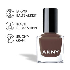 ANNY Nagellack – Hochwertiger, langlebiger, splitterfester und schnell trocknender farbiger Nagellack, Farbe: Schwesterrot – elegantes Mokkabraun – 15 ml